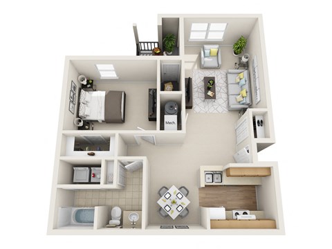 Floor plan for 1 bed, 1 bath, 749 sqft